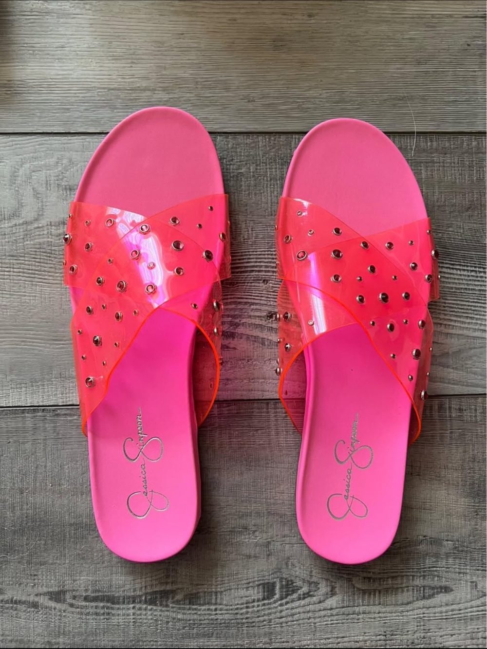 Jessica Simpson Neon Pink Studded Slide Sandals